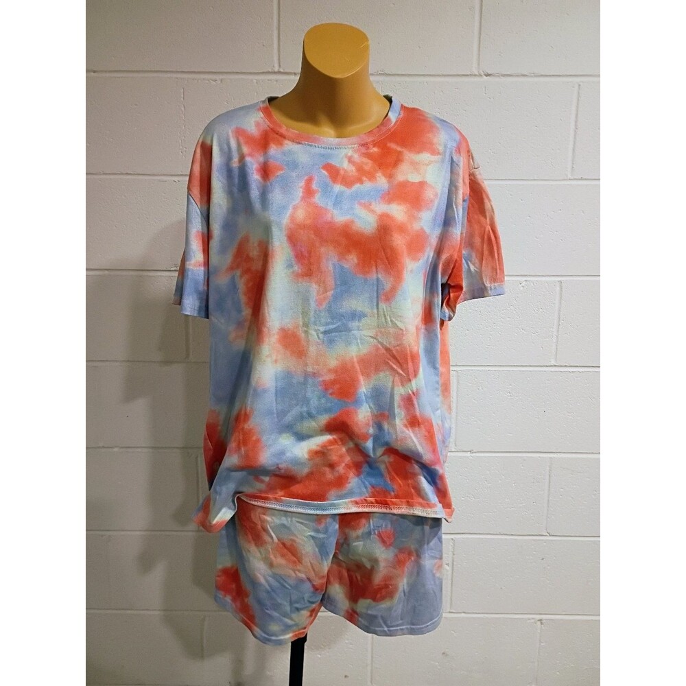 Women's Tie-Dye Short Sleeve T-Shirt & Shorts Loungewear Set Blue Orange Large